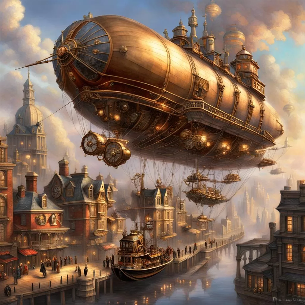 NightCafe:Steampunk Airship Docked in a Victorian City